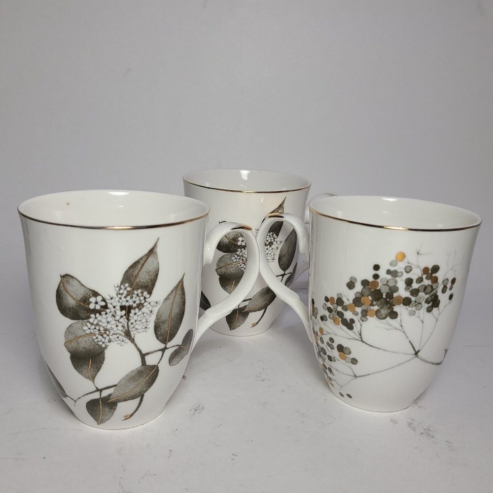 GRACE TEAWARE set (3) Floral Mug Cup Fine Porcelain white gray gold Rim new